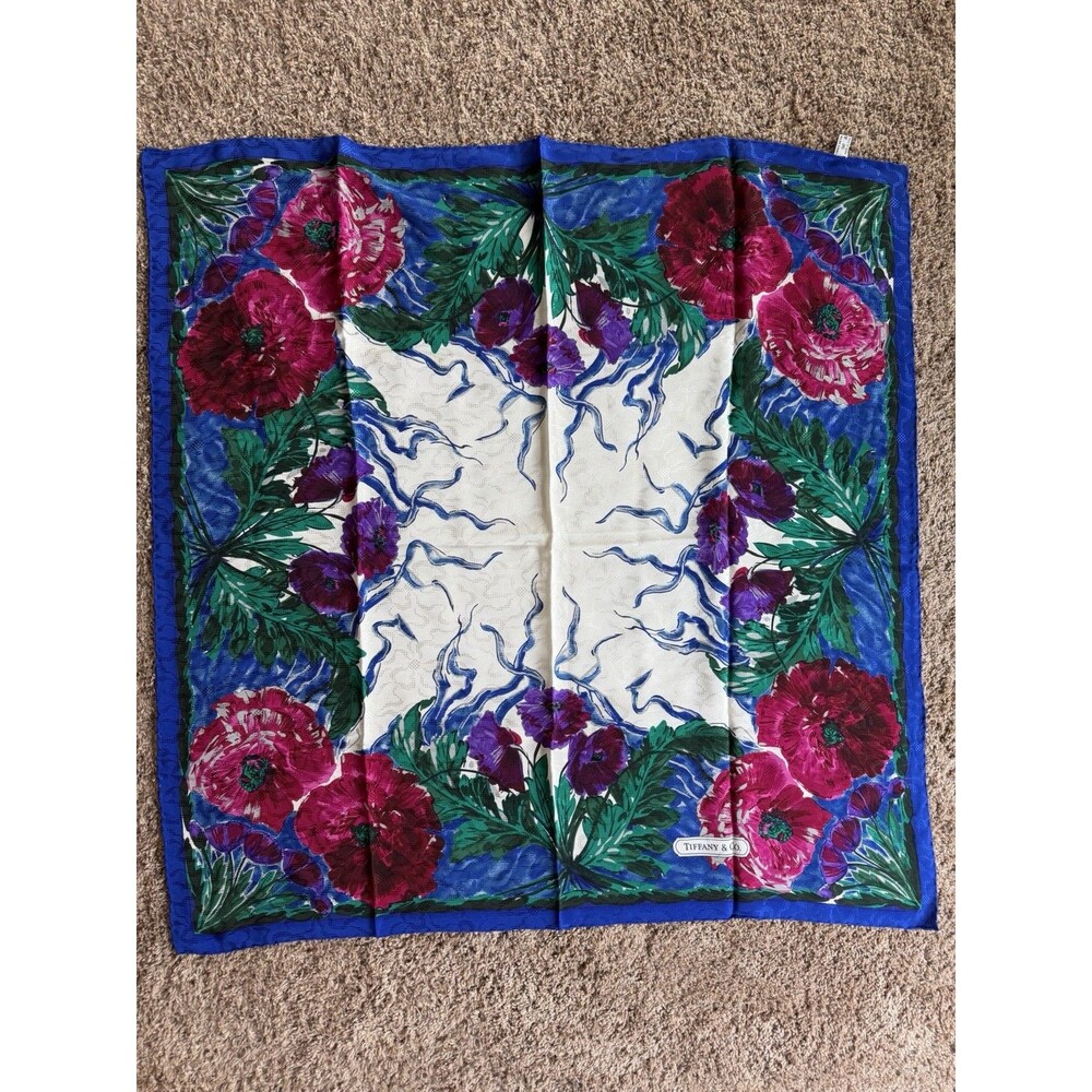 Vintage Tiffany & Co Silk Square Scarf Pink Floral Poppy Blue Jacquard Italy